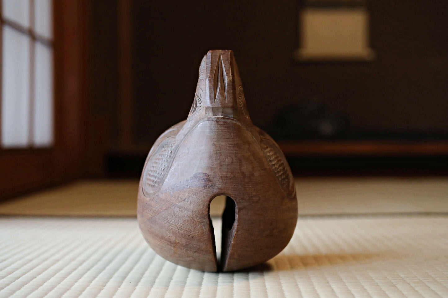 Japanese vintage buddhist alter Patina Wooden Fish drum gong "Mokugyo" with stick and cushion buddhist temple Chanting Drum 8.1in/20.5cm