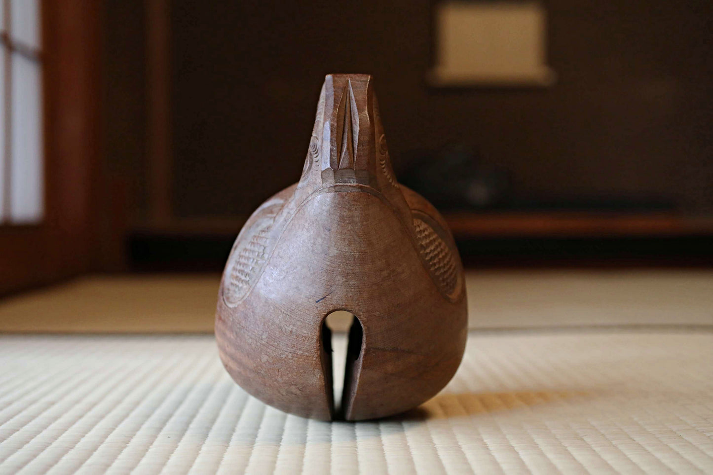 Japanese vintage buddhist alter Patina Wooden Fish drum gong "Mokugyo" with stick and cushion buddhist temple Chanting Drum 8.1in/20.5cm