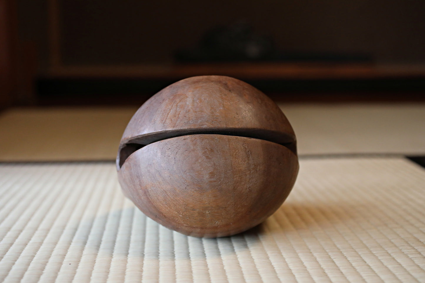 Japanese vintage buddhist alter Patina Wooden Fish drum gong "Mokugyo" with stick and cushion buddhist temple Chanting Drum 8.1in/20.5cm