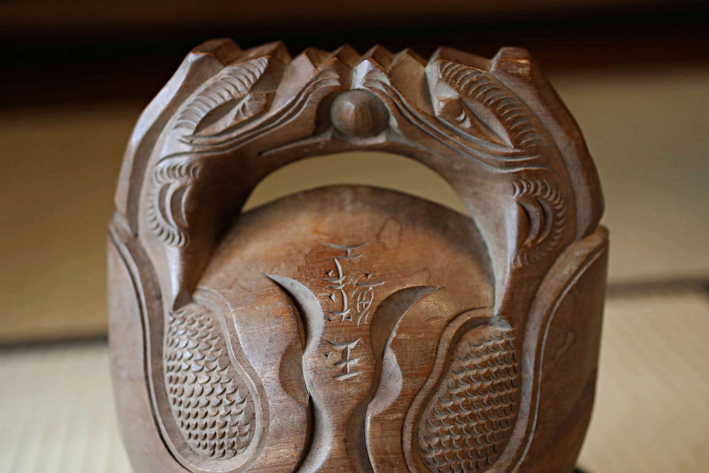 Japanese vintage buddhist alter Patina Wooden Fish drum gong "Mokugyo" with stick and cushion buddhist temple Chanting Drum 8.1in/20.5cm