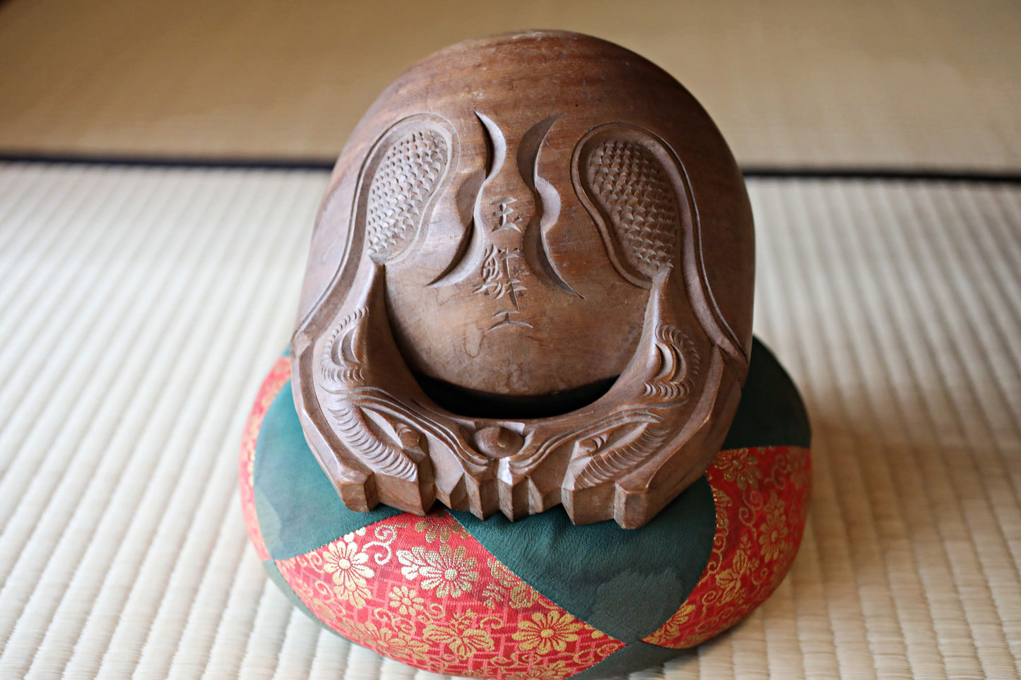 Japanese vintage buddhist alter Patina Wooden Fish drum gong "Mokugyo" with stick and cushion buddhist temple Chanting Drum 8.1in/20.5cm