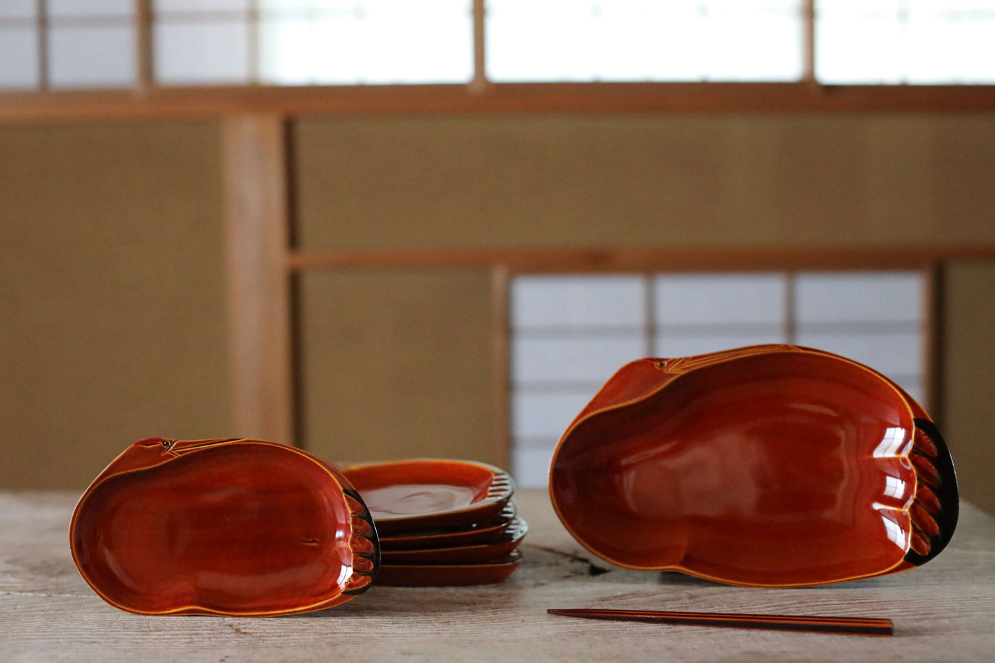 Set of 6 plates One chopstick Japanese Vintage Lacquer wooden reddish brown Shunkei urushi for tea ceremony H5.9×W9.8in/15×25cm