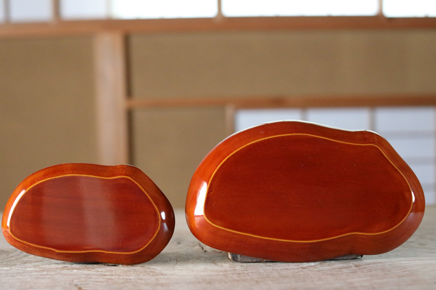 Set of 6 plates One chopstick Japanese Vintage Lacquer wooden reddish brown Shunkei urushi for tea ceremony H5.9×W9.8in/15×25cm