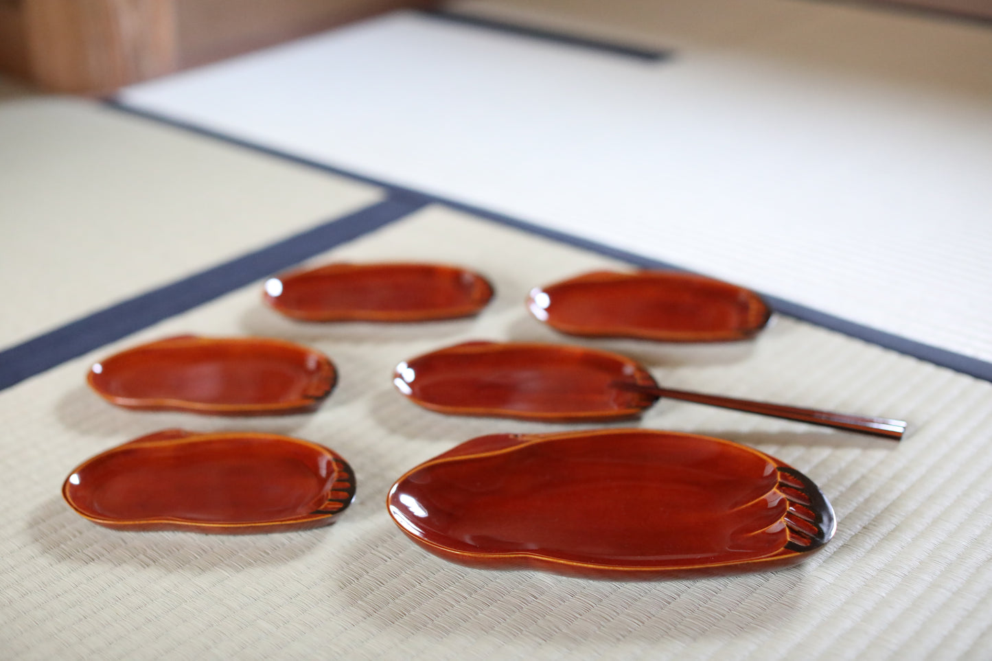 Set of 6 plates One chopstick Japanese Vintage Lacquer wooden reddish brown Shunkei urushi for tea ceremony H5.9×W9.8in/15×25cm