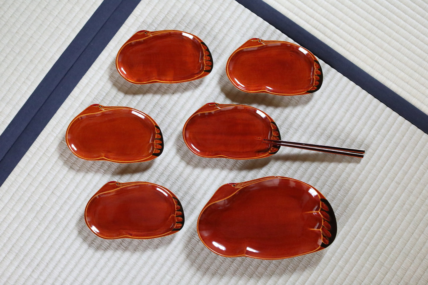 Set of 6 plates One chopstick Japanese Vintage Lacquer wooden reddish brown Shunkei urushi for tea ceremony H5.9×W9.8in/15×25cm