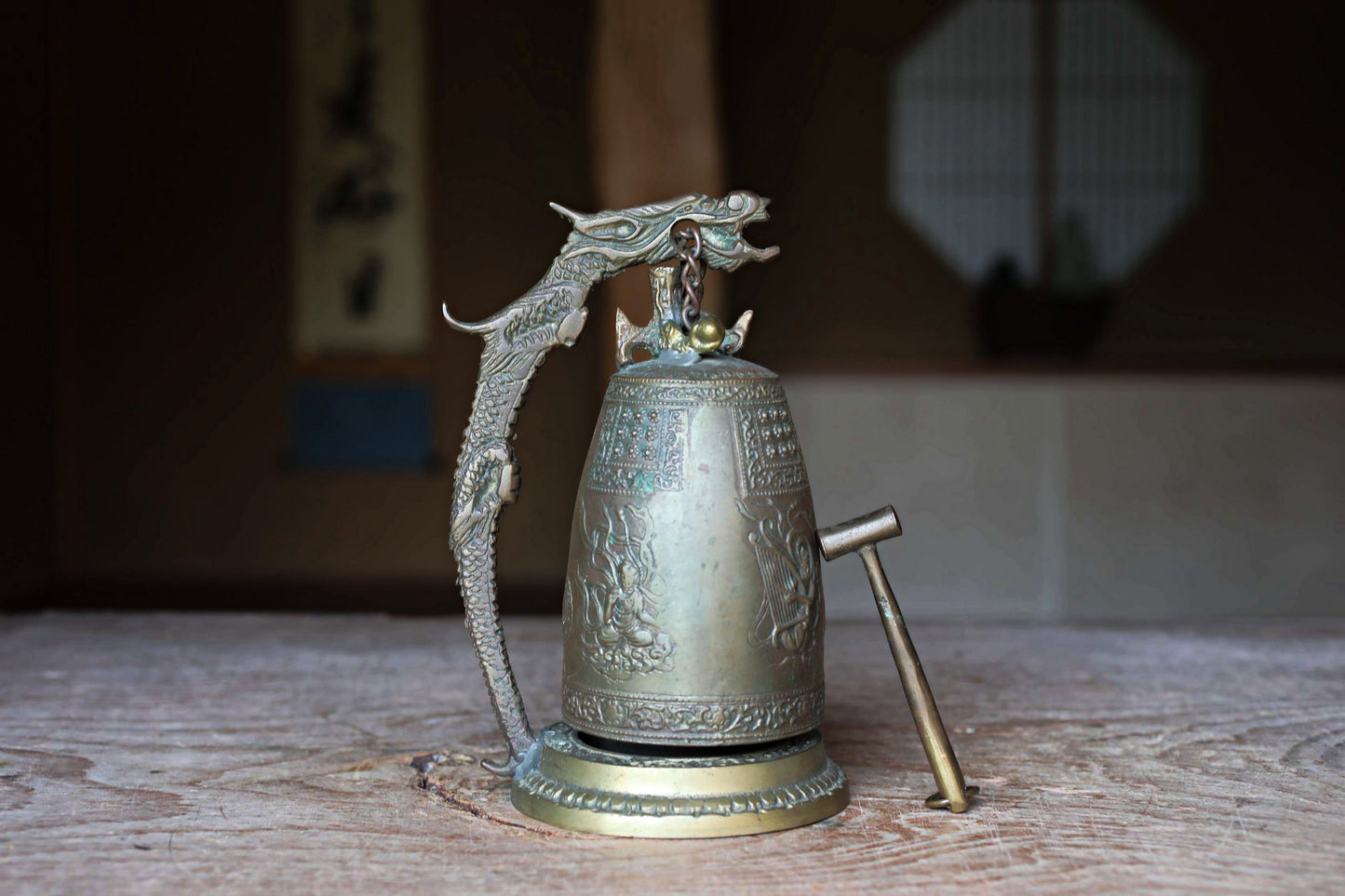 Japanese vintage bronze gong Bell Buddhist instrument stand striker set, with dragon Buddhas heavenly maiden temple alter H7.7in/H19.5cm