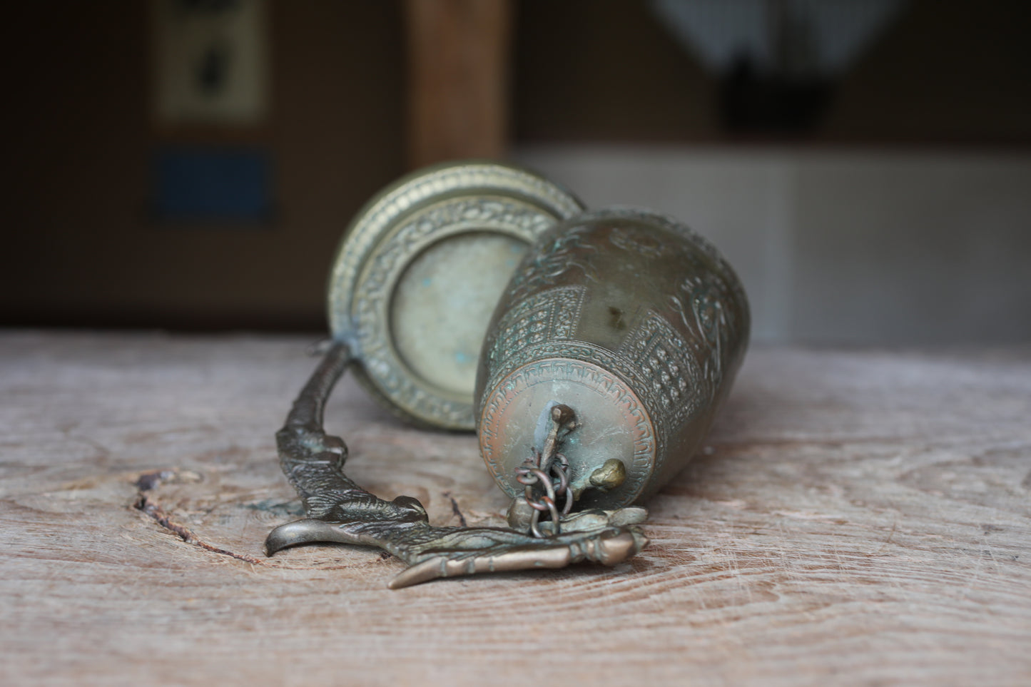 Japanese vintage bronze gong Bell Buddhist instrument stand striker set, with dragon Buddhas heavenly maiden temple alter H7.7in/H19.5cm