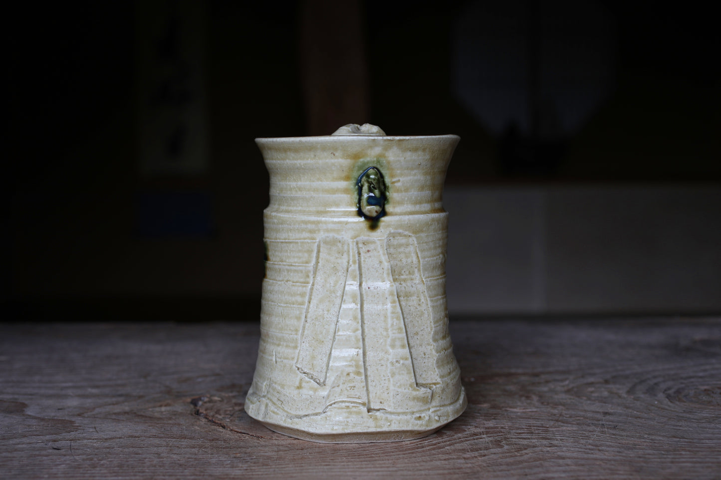 Japanese vintage Mizusashi jar with lid ceramic kiln craft For Tea ceremony "Ki-seto" with signed W7.5in/W19cm
