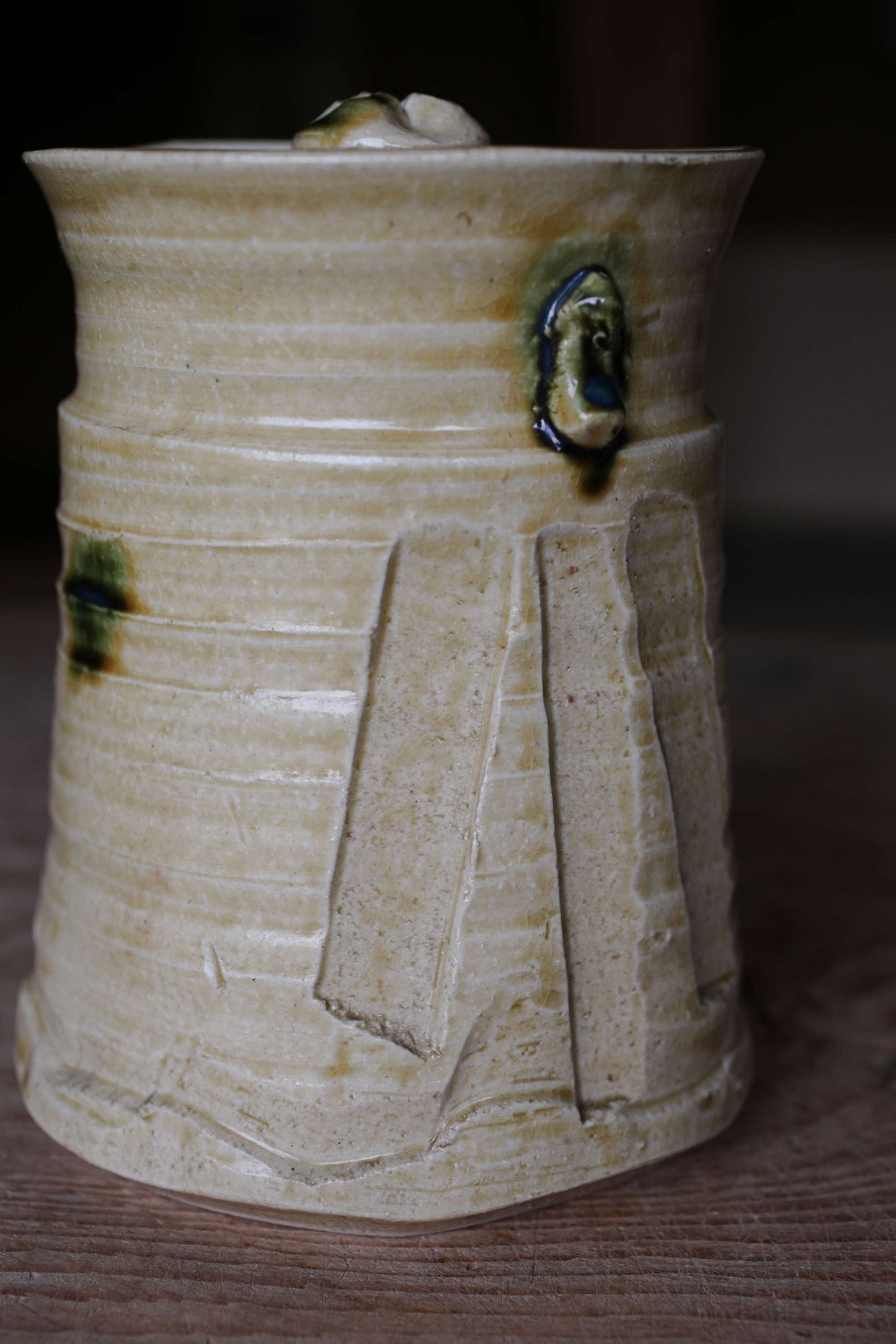 Japanese vintage Mizusashi jar with lid ceramic kiln craft For Tea ceremony "Ki-seto" with signed W7.5in/W19cm