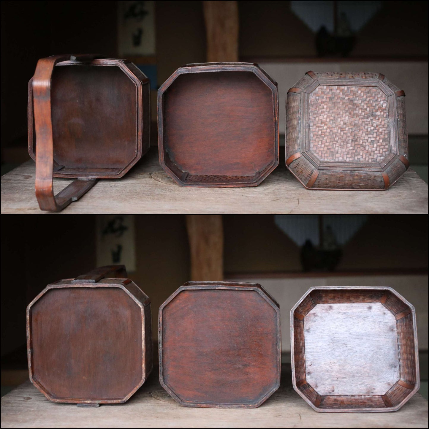 Japanese vintage 1950s Large bamboo box For Tea set BENTO box backpack with bird and flowers KAGO basket H14.4×W10.6×D9.4in/H36.5×W27×24cm