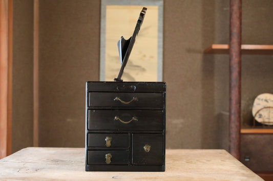 Tansu Chest- Antique Japanese furniture Black Lacquer: Vanity Mirror Stand, 1880s H22.8in/H58cm
