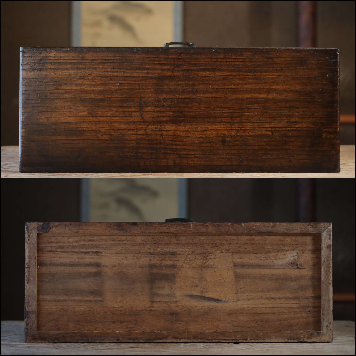 Japanese antique furniture Low, wide wooden Chest of drawers "tansu" with very old cloth is attached, crane design H8.5×W23.8in/H21×W60.5cm