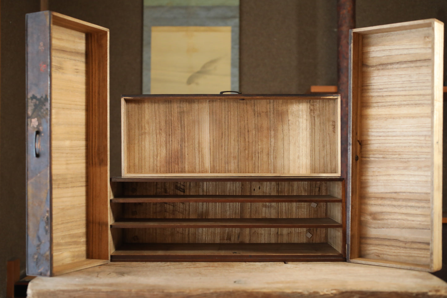 Japanese antique furniture Low, wide wooden Chest of drawers "tansu" with very old cloth is attached, crane design H8.5×W23.8in/H21×W60.5cm