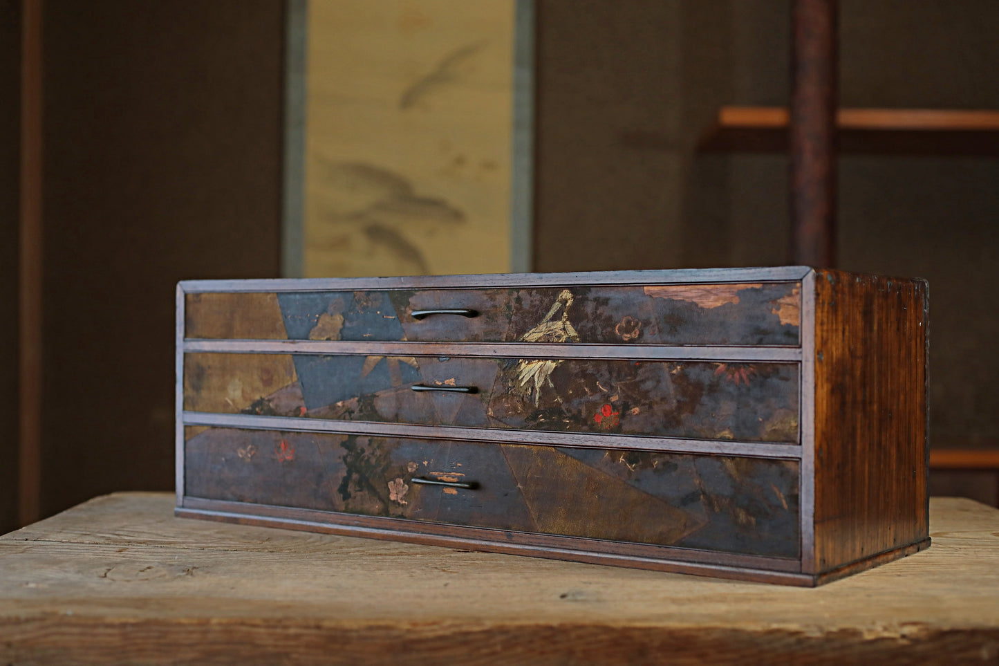 Japanese antique furniture Low, wide wooden Chest of drawers "tansu" with very old cloth is attached, crane design H8.5×W23.8in/H21×W60.5cm