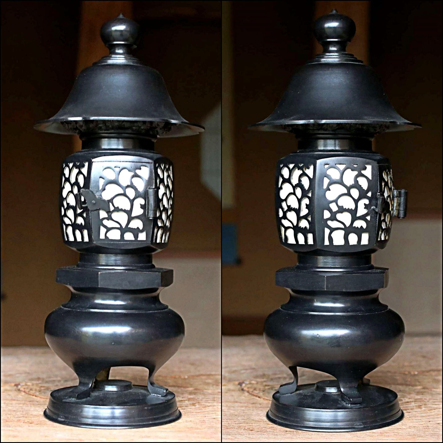 Japanese furniture vintage buddhist lantern made of bronze, metal hand craft openwork indirect lighting H15.4×W6.3in/H39×16cm