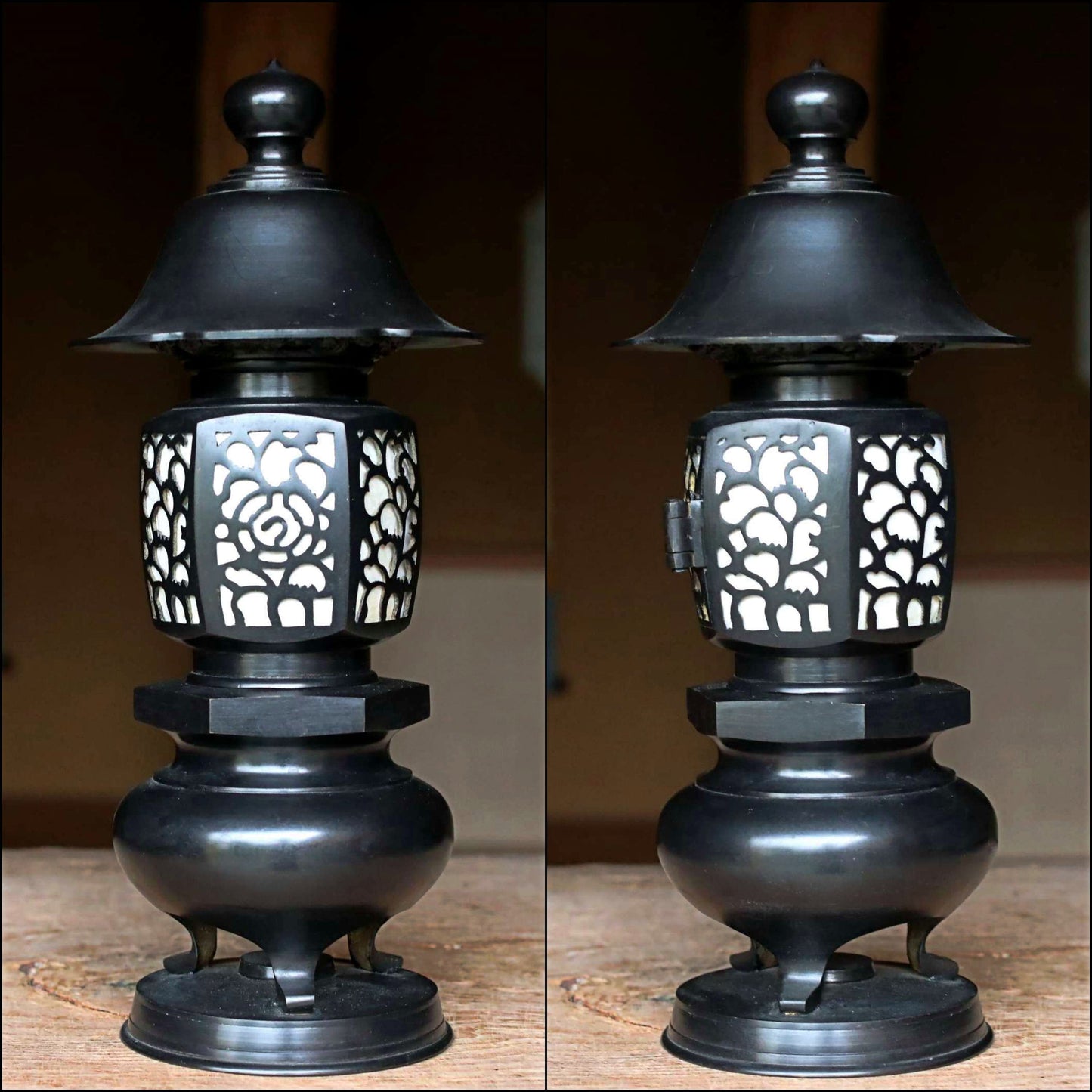 Japanese furniture vintage buddhist lantern made of bronze, metal hand craft openwork indirect lighting H15.4×W6.3in/H39×16cm