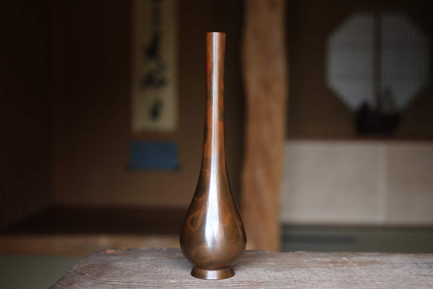 FINE! Japanese bronze vase Pink Purple marbled collar made by workshop dating back to the Edo with box for Tea ceremony For Gift H11in/H28cm