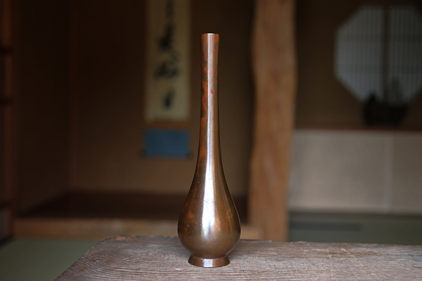 FINE! Japanese bronze vase Pink Purple marbled collar made by workshop dating back to the Edo with box for Tea ceremony For Gift H11in/H28cm