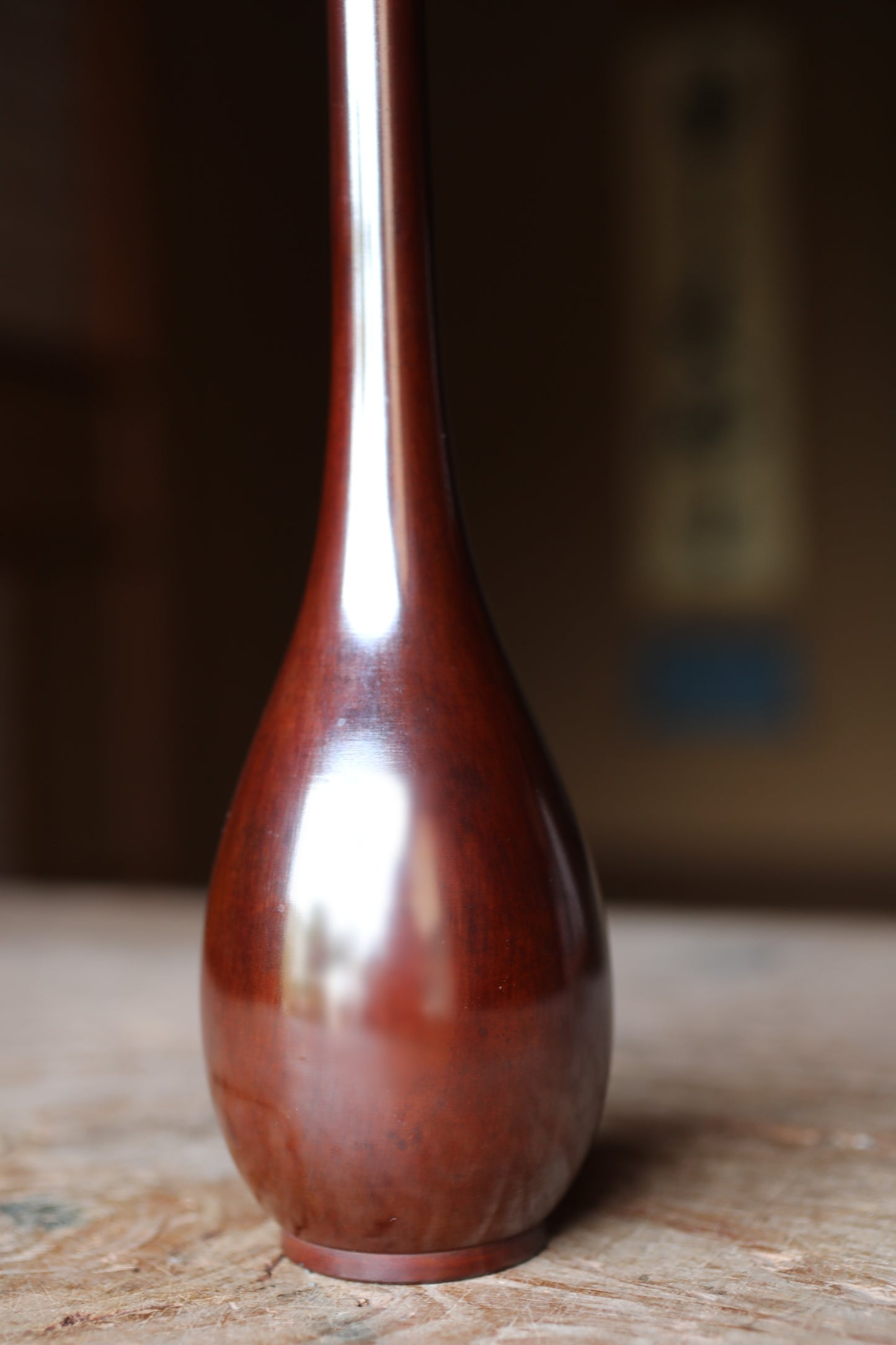 Japanese antique bronze vase brown, with Kanji signature for Tea ceremony, name 鶴首TSURUKUBI (shape of the neck of a crane) H10.6×2.8in
