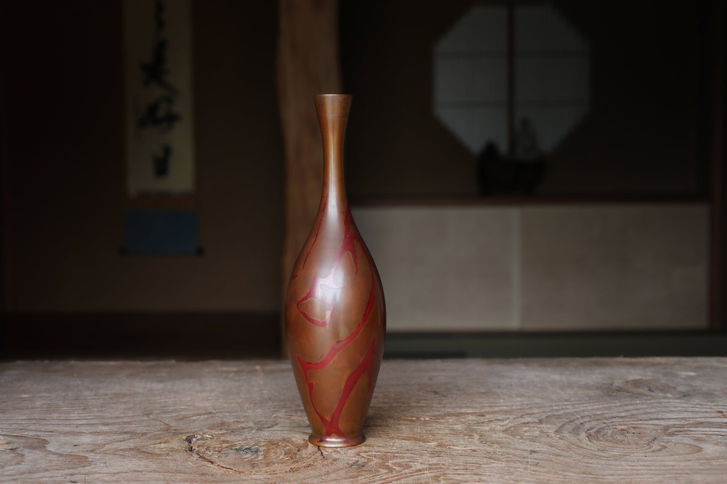 FINE! Japanese vintage bronze vase 鶴首TSURUKUBI gourd shaped marbled collar with wood box, for Tea ceremony TAKAOKA For Gift H10.8in/H27.5cm