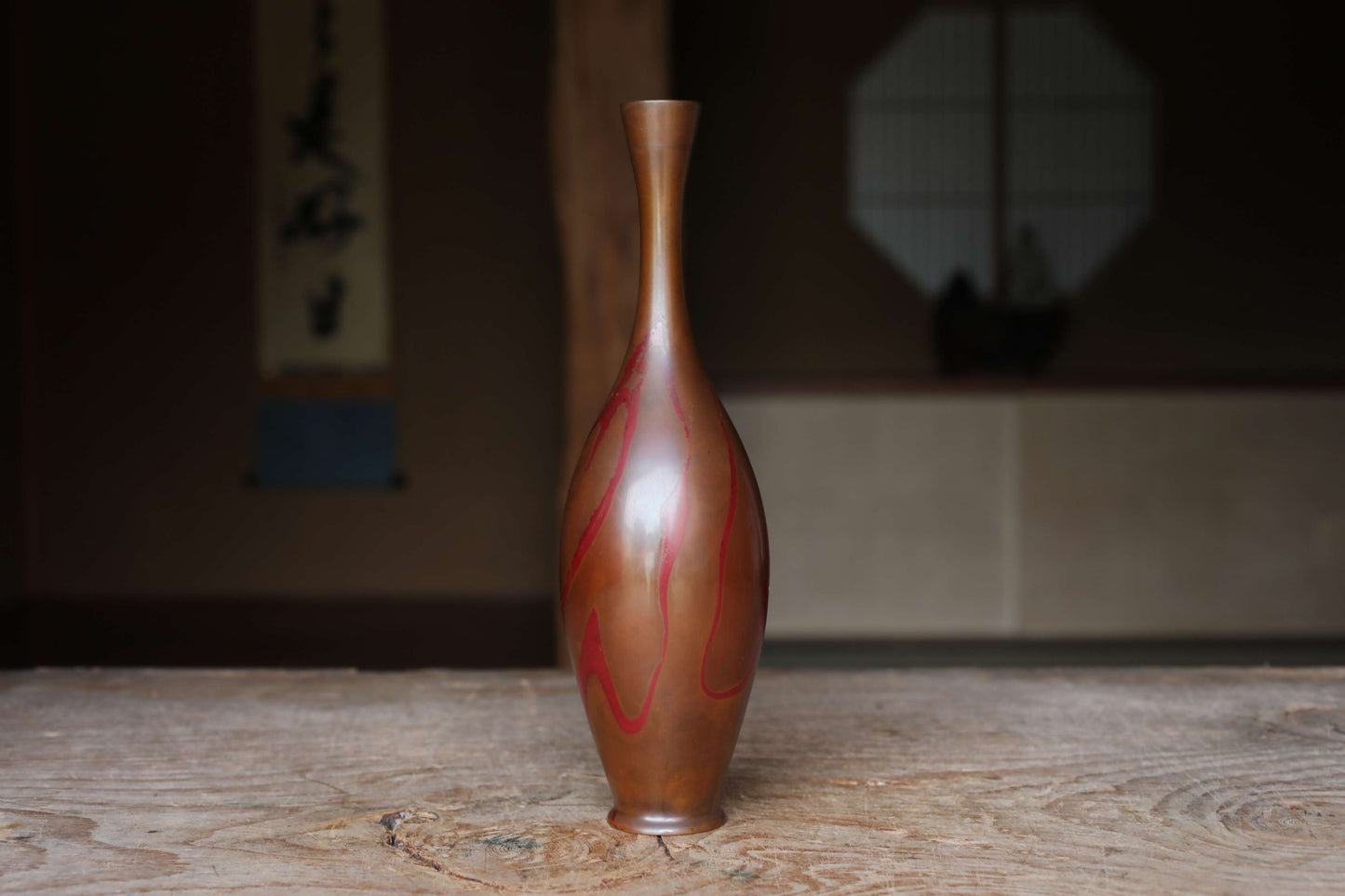 FINE! Japanese vintage bronze vase 鶴首TSURUKUBI gourd shaped marbled collar with wood box, for Tea ceremony TAKAOKA For Gift H10.8in/H27.5cm