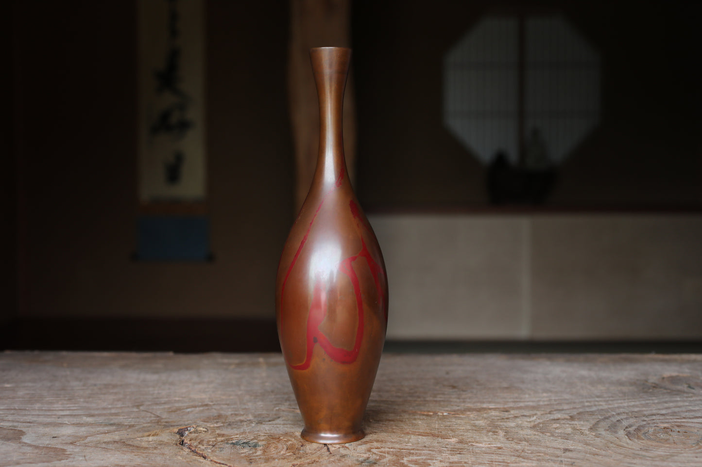 FINE! Japanese vintage bronze vase 鶴首TSURUKUBI gourd shaped marbled collar with wood box, for Tea ceremony TAKAOKA For Gift H10.8in/H27.5cm