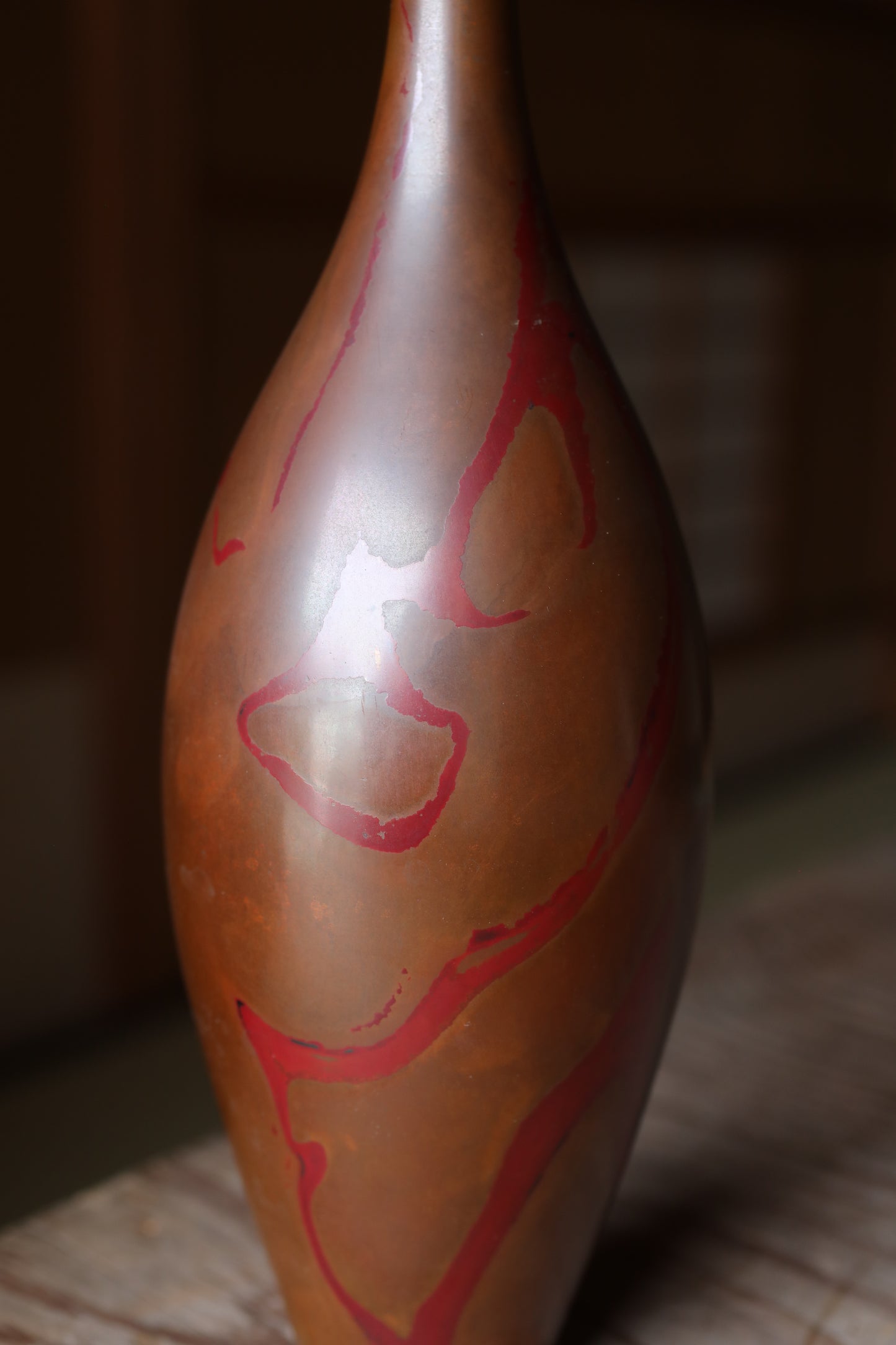 FINE! Japanese vintage bronze vase 鶴首TSURUKUBI gourd shaped marbled collar with wood box, for Tea ceremony TAKAOKA For Gift H10.8in/H27.5cm