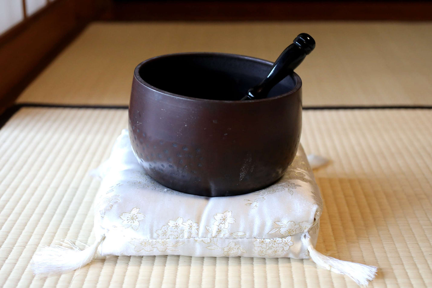 Japanese vintage Bronze buddhist chanting bell, Singing Bowl, ORIN Buddhist temple with cushions Cherry Blossom Design, stick W8.3in/W21cm