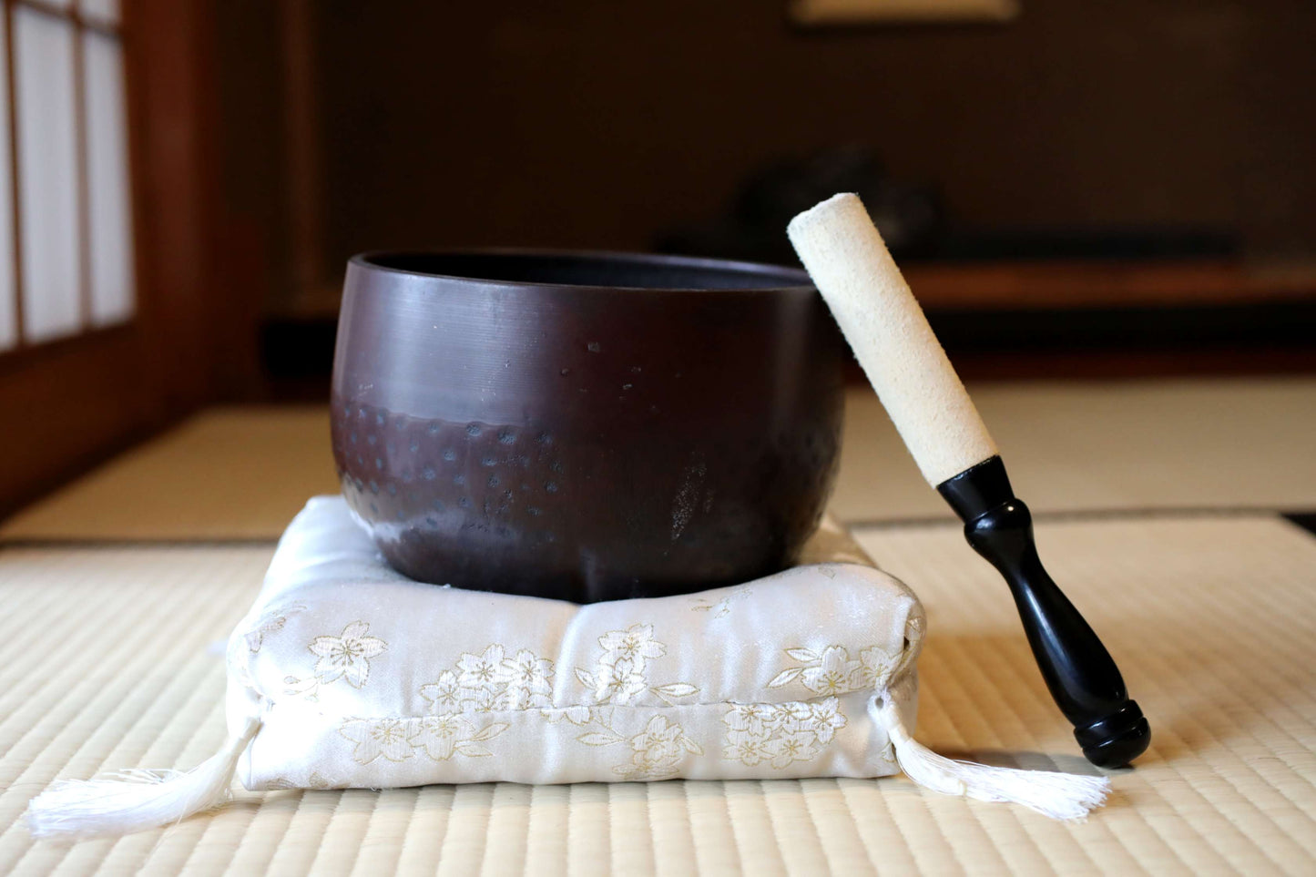 Japanese vintage Bronze buddhist chanting bell, Singing Bowl, ORIN Buddhist temple with cushions Cherry Blossom Design, stick W8.3in/W21cm