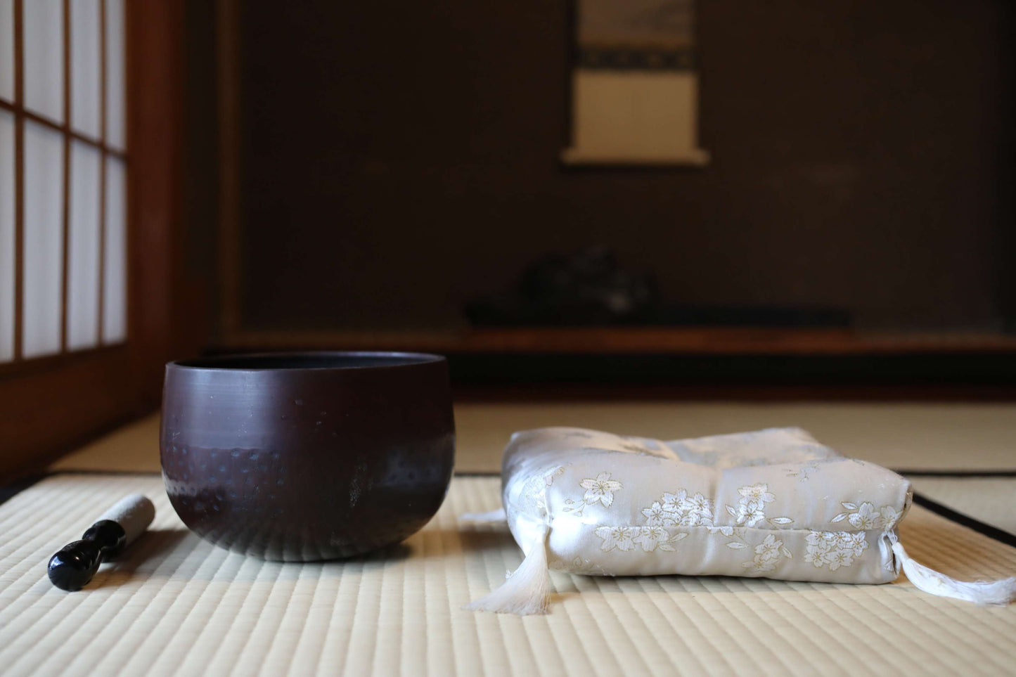 Japanese vintage Bronze buddhist chanting bell, Singing Bowl, ORIN Buddhist temple with cushions Cherry Blossom Design, stick W8.3in/W21cm