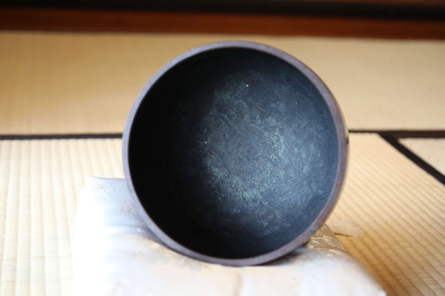 Japanese vintage Bronze buddhist chanting bell, Singing Bowl, ORIN Buddhist temple with cushions Cherry Blossom Design, stick W8.3in/W21cm