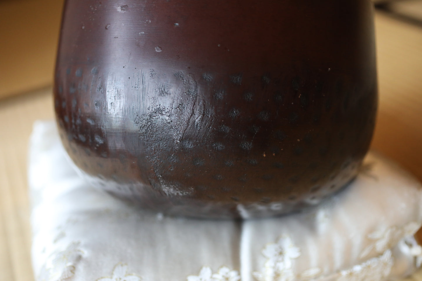 Japanese vintage Bronze buddhist chanting bell, Singing Bowl, ORIN Buddhist temple with cushions Cherry Blossom Design, stick W8.3in/W21cm