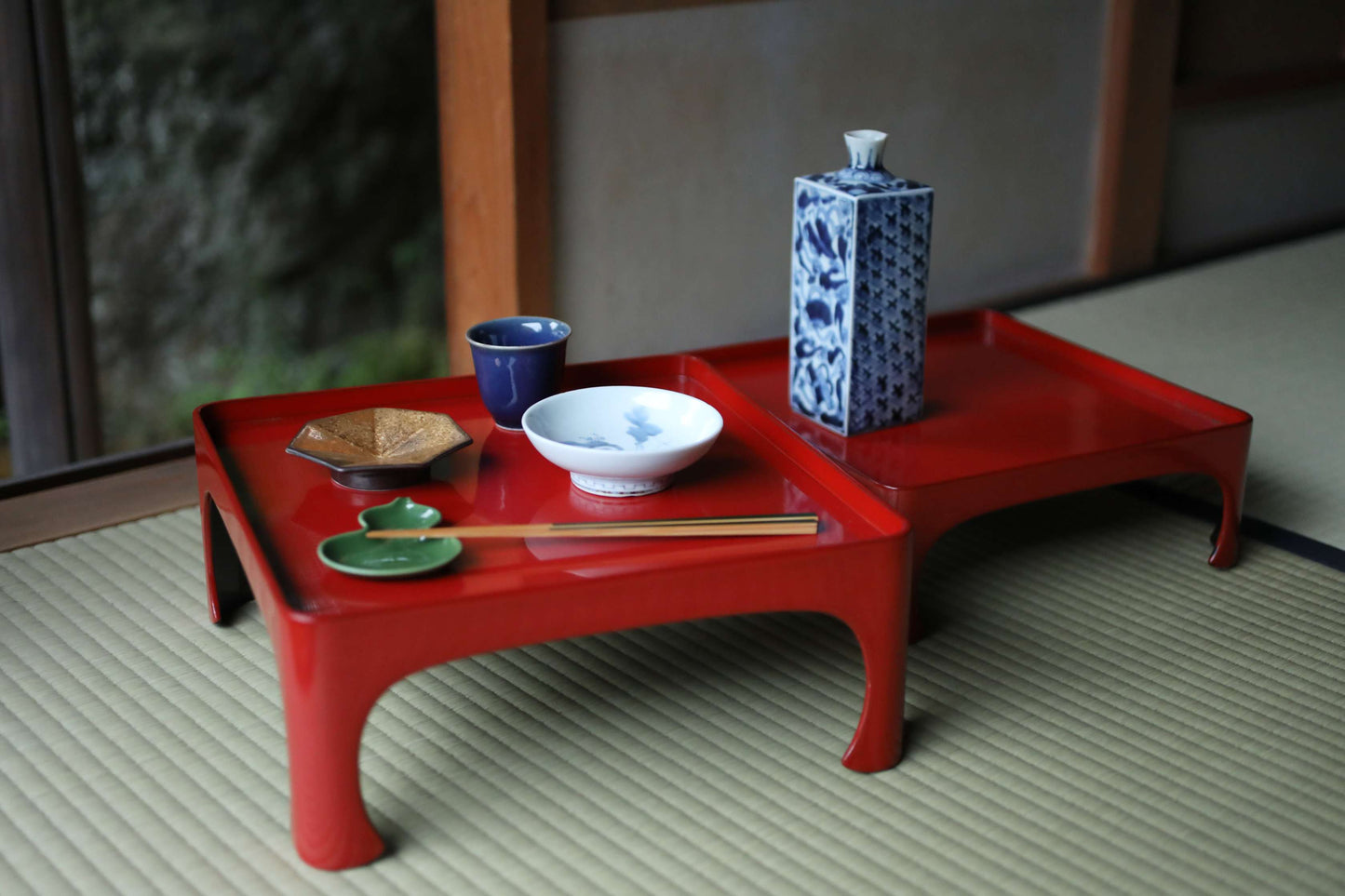 Pair of Japanese antique Urushi Red Lacquer wood tray with legs Large-Medium Set, Serving tray Ozen/Obon/ Japanese furniture 12.4in/31.5cm