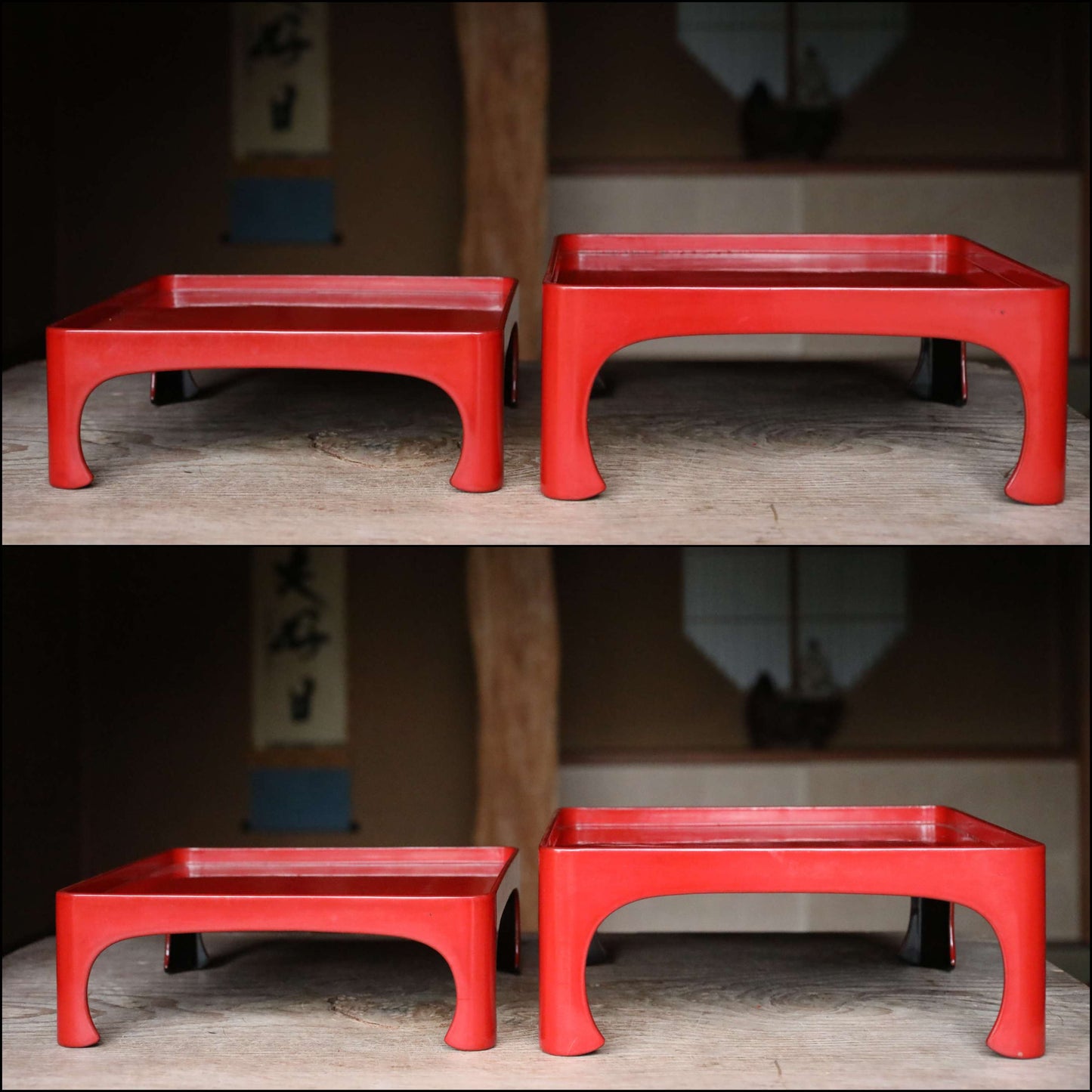 Pair of Japanese antique Urushi Red Lacquer wood tray with legs Large-Medium Set, Serving tray Ozen/Obon/ Japanese furniture 12.4in/31.5cm
