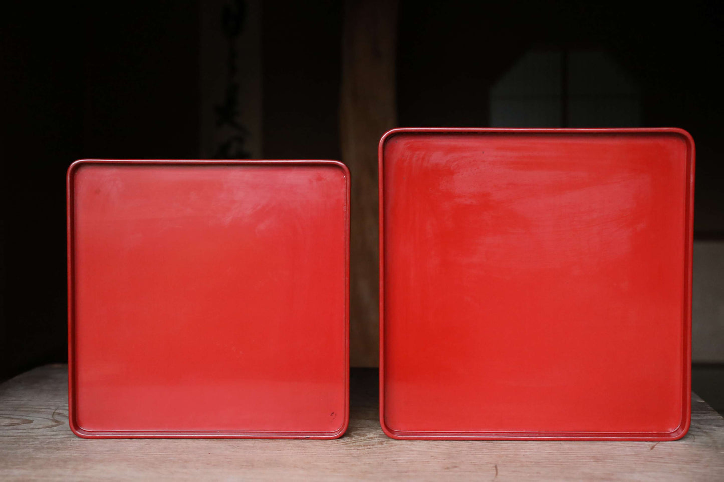 Pair of Japanese antique Urushi Red Lacquer wood tray with legs Large-Medium Set, Serving tray Ozen/Obon/ Japanese furniture 12.4in/31.5cm
