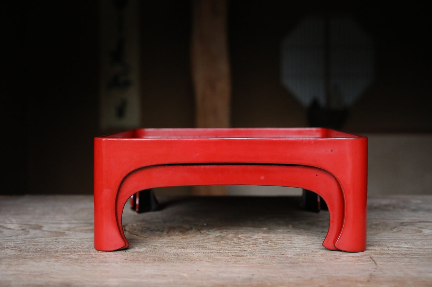 Pair of Japanese antique Urushi Red Lacquer wood tray with legs Large-Medium Set, Serving tray Ozen/Obon/ Japanese furniture 12.4in/31.5cm