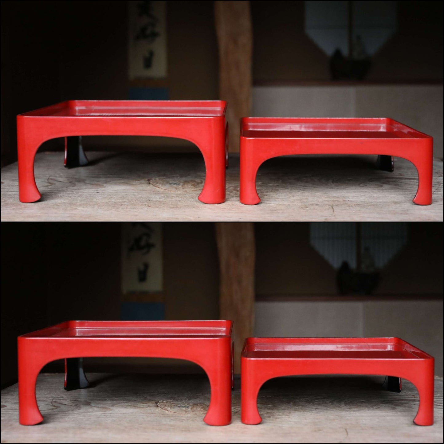 Pair of Japanese antique Urushi Red Lacquer wood tray with legs Large-Medium Set, Serving tray Ozen/Obon/ Japanese furniture 12.4in/31.5cm