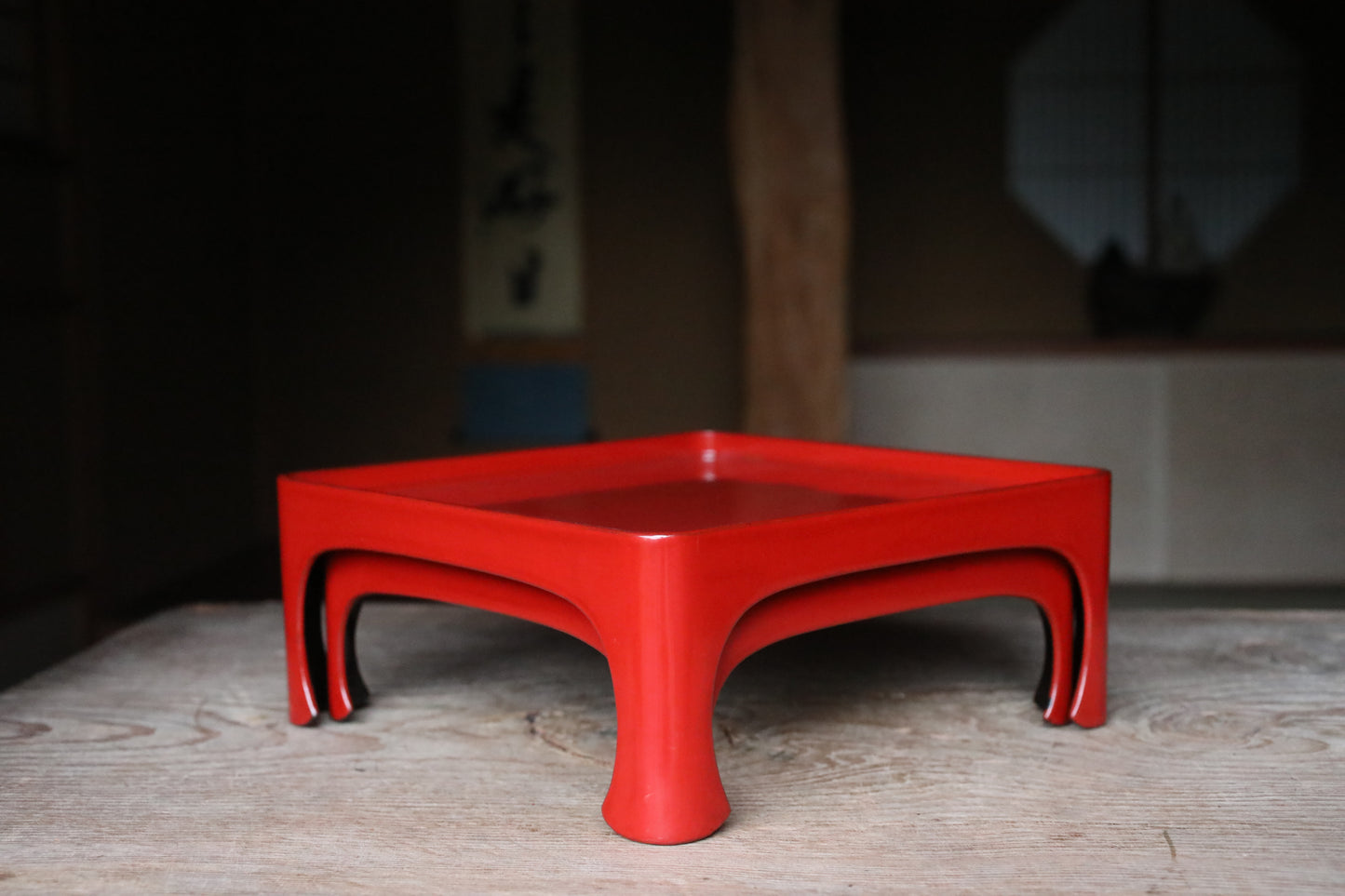 Pair of Japanese antique Urushi Red Lacquer wood tray with legs Large-Medium Set, Serving tray Ozen/Obon/ Japanese furniture 12.4in/31.5cm