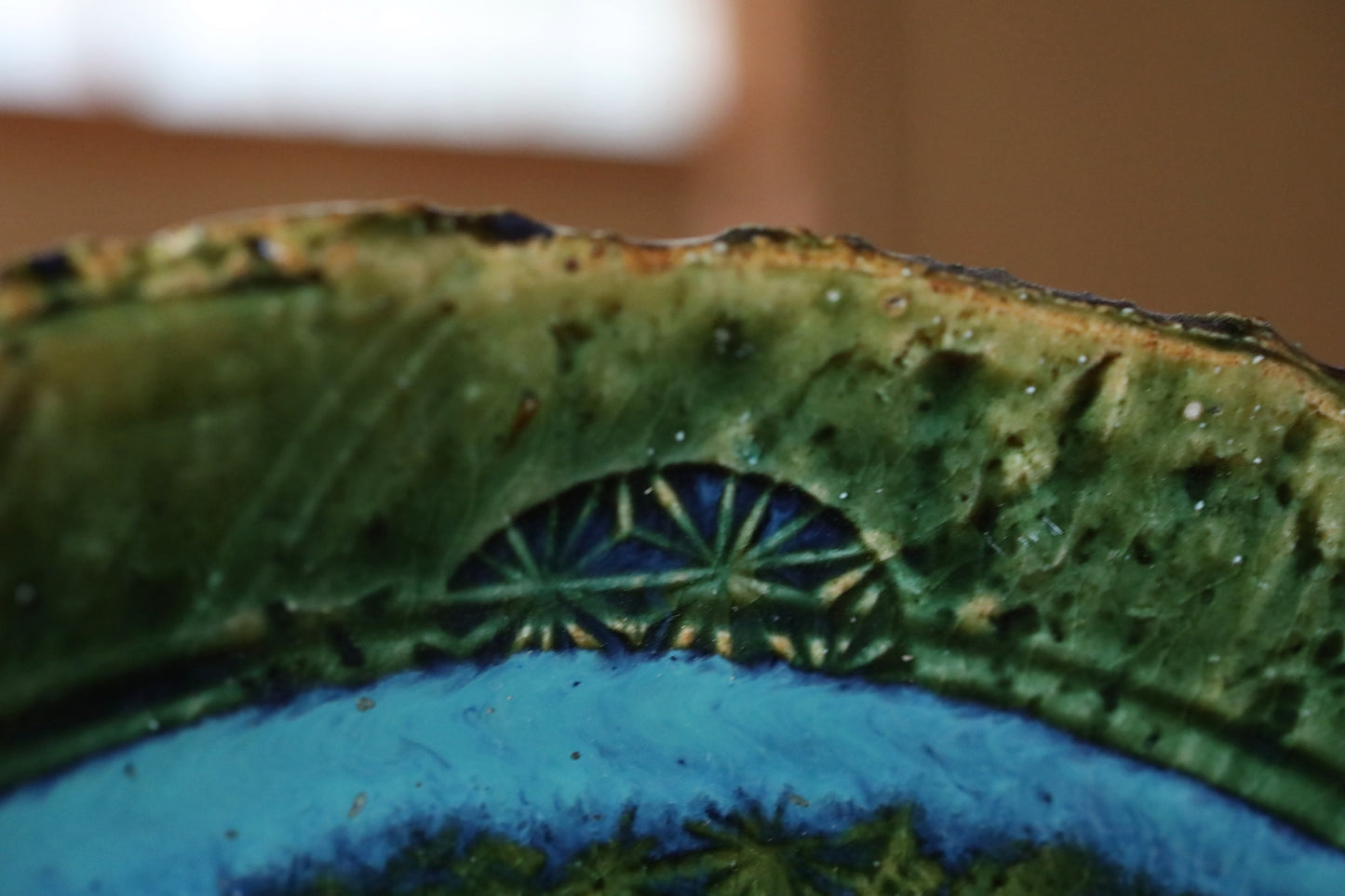 Japanese ceramic large plate ORIBE ware green rectangle dish, for Tea ceremony minimalist abstract kiln art craft W10.6in/W27cm