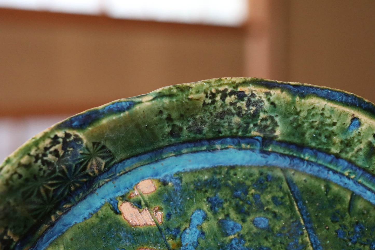 Japanese ceramic large plate ORIBE ware green rectangle dish, for Tea ceremony minimalist abstract kiln art craft W10.6in/W27cm