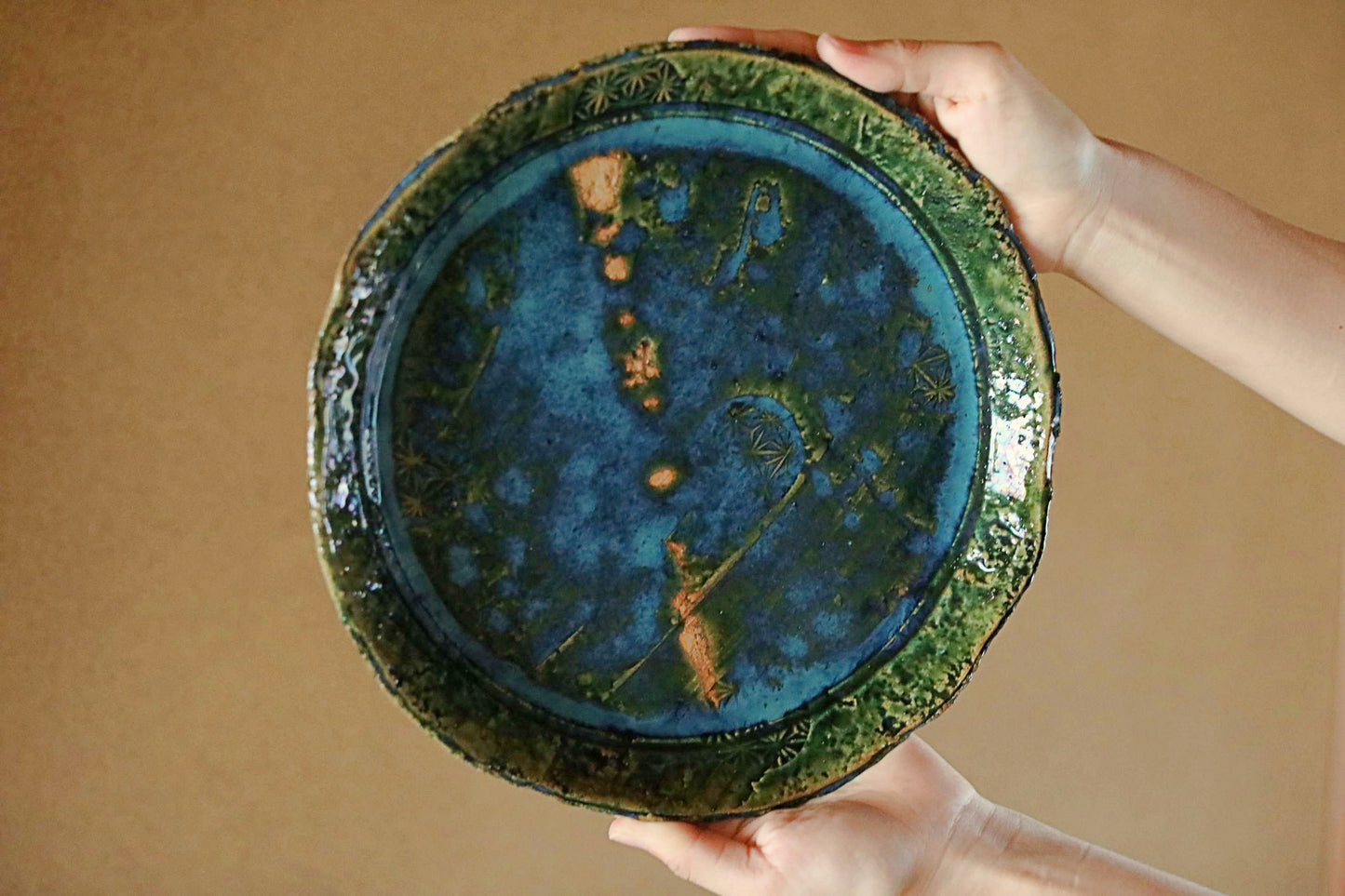 Japanese ceramic large plate ORIBE ware green rectangle dish, for Tea ceremony minimalist abstract kiln art craft W10.6in/W27cm