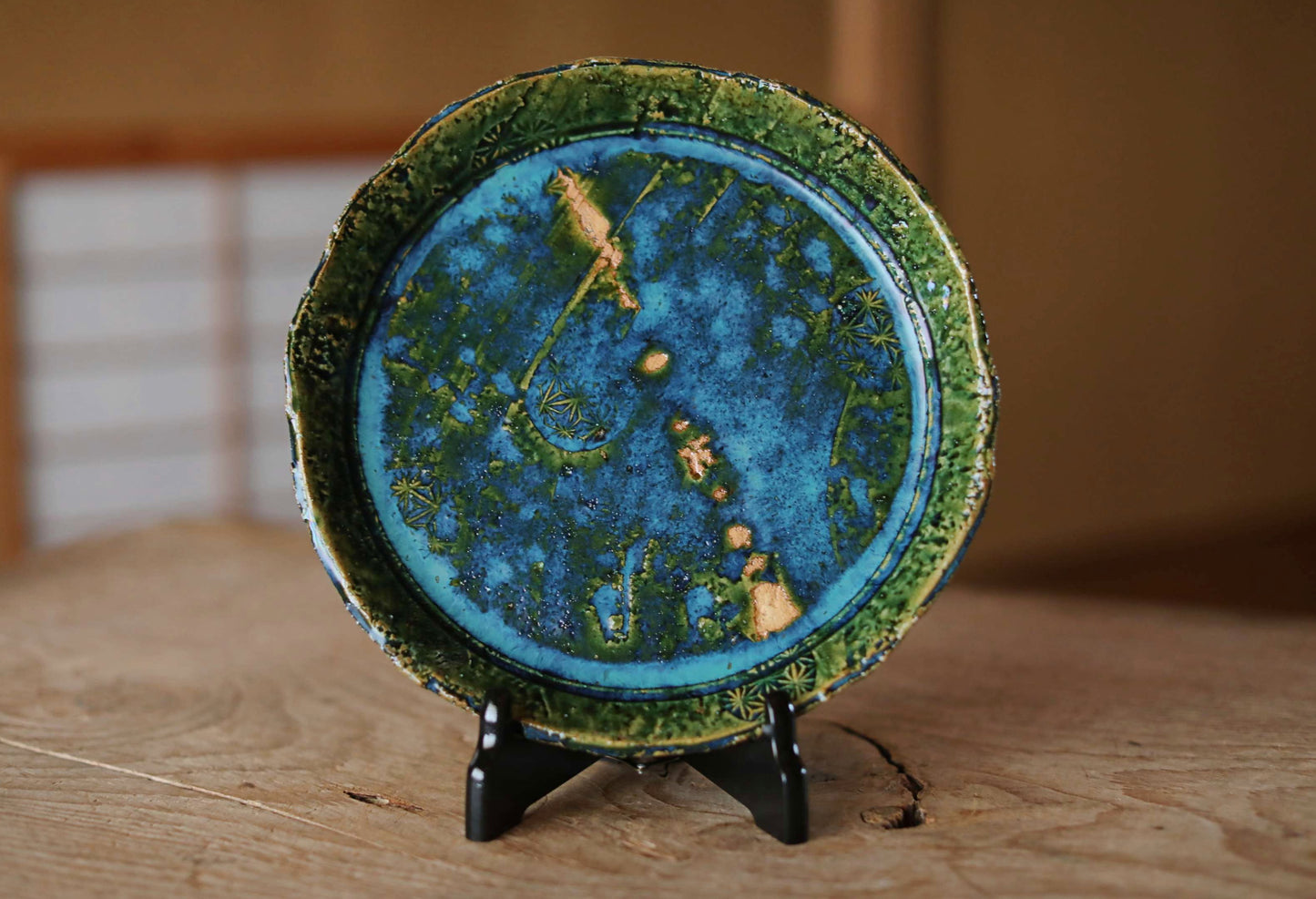 Japanese ceramic large plate ORIBE ware green rectangle dish, for Tea ceremony minimalist abstract kiln art craft W10.6in/W27cm