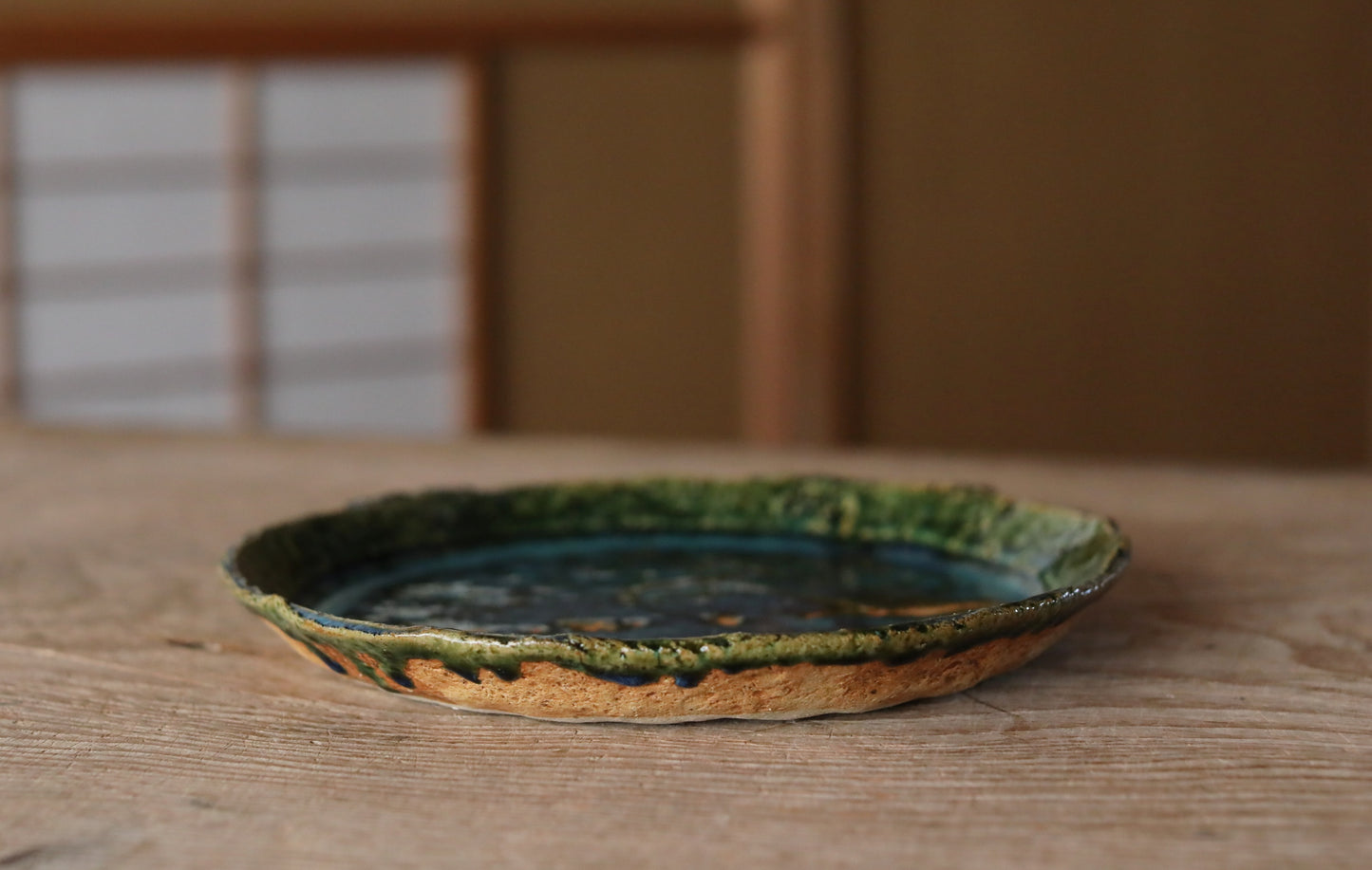 Japanese ceramic large plate ORIBE ware green rectangle dish, for Tea ceremony minimalist abstract kiln art craft W10.6in/W27cm