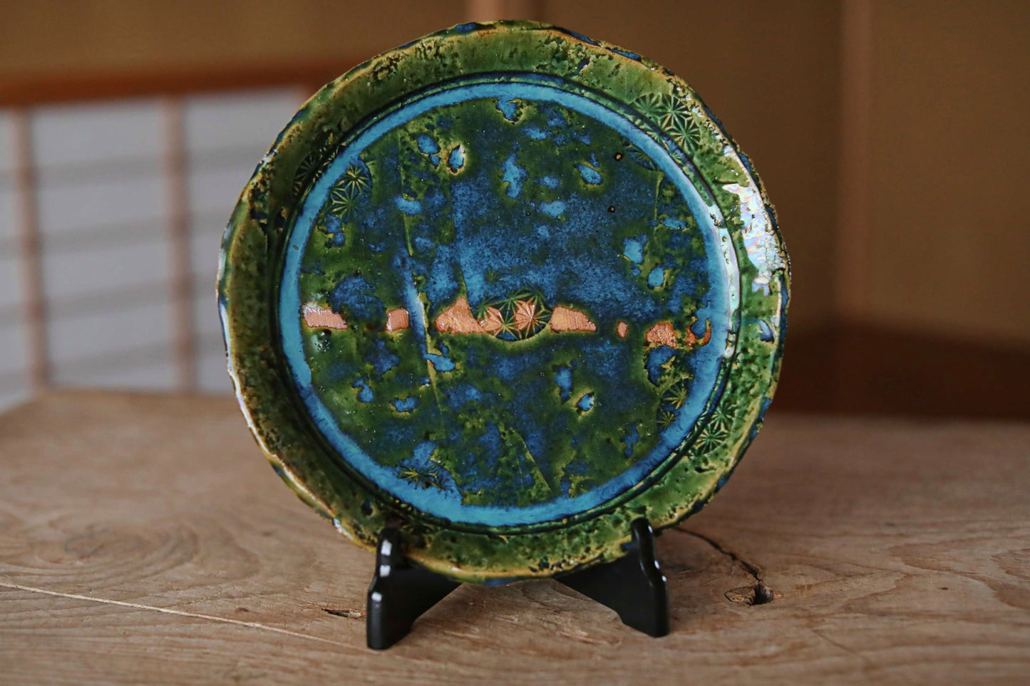 Japanese ceramic large plate ORIBE ware green rectangle dish, for Tea ceremony minimalist abstract kiln art craft W10.6in/W27cm