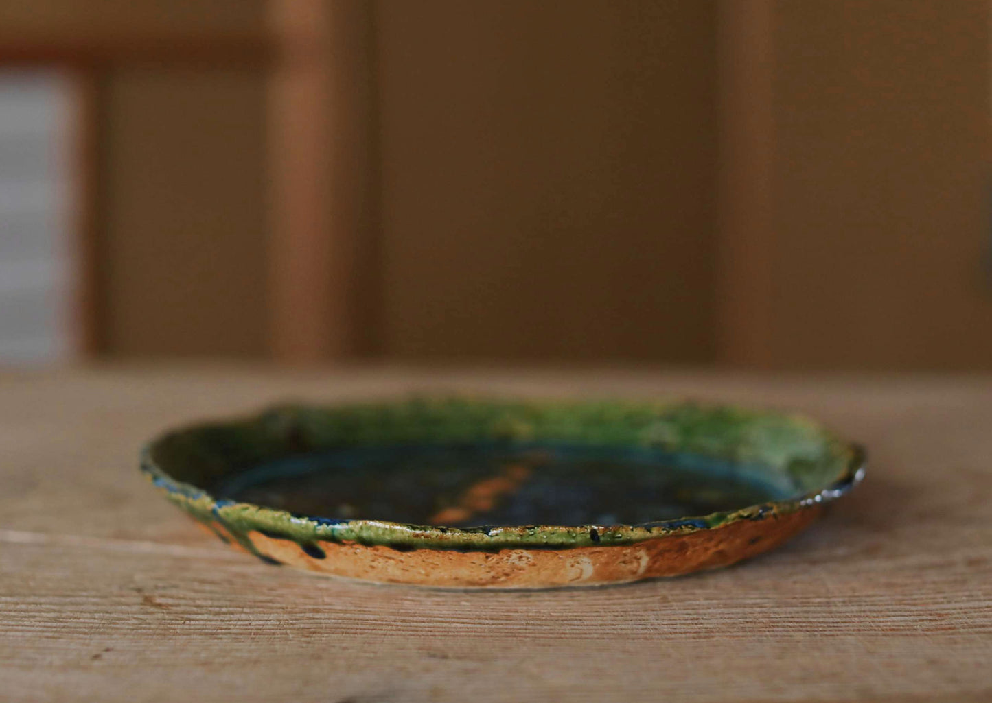 Japanese ceramic large plate ORIBE ware green rectangle dish, for Tea ceremony minimalist abstract kiln art craft W10.6in/W27cm