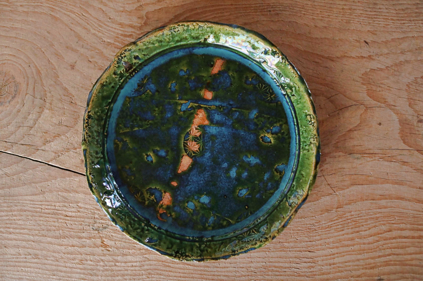 Japanese ceramic large plate ORIBE ware green rectangle dish, for Tea ceremony minimalist abstract kiln art craft W10.6in/W27cm