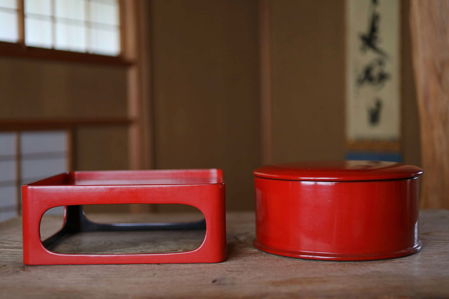 Set of Japanese antique Urushi Red Lacquer wood rice tub, tray and container with lid Serving tray Ozen/Obon/ Japanese furniture