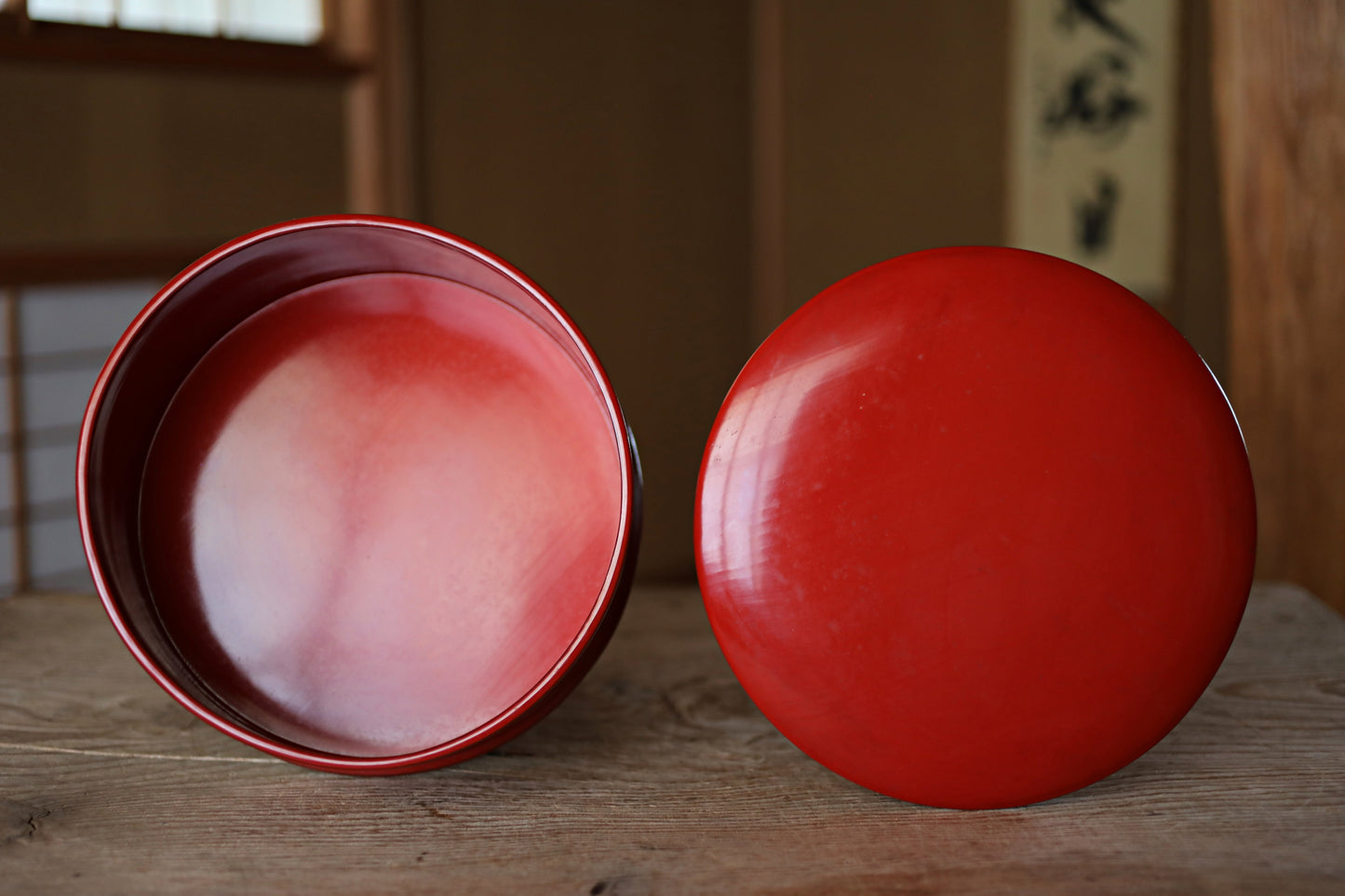 Set of Japanese antique Urushi Red Lacquer wood rice tub, tray and container with lid Serving tray Ozen/Obon/ Japanese furniture