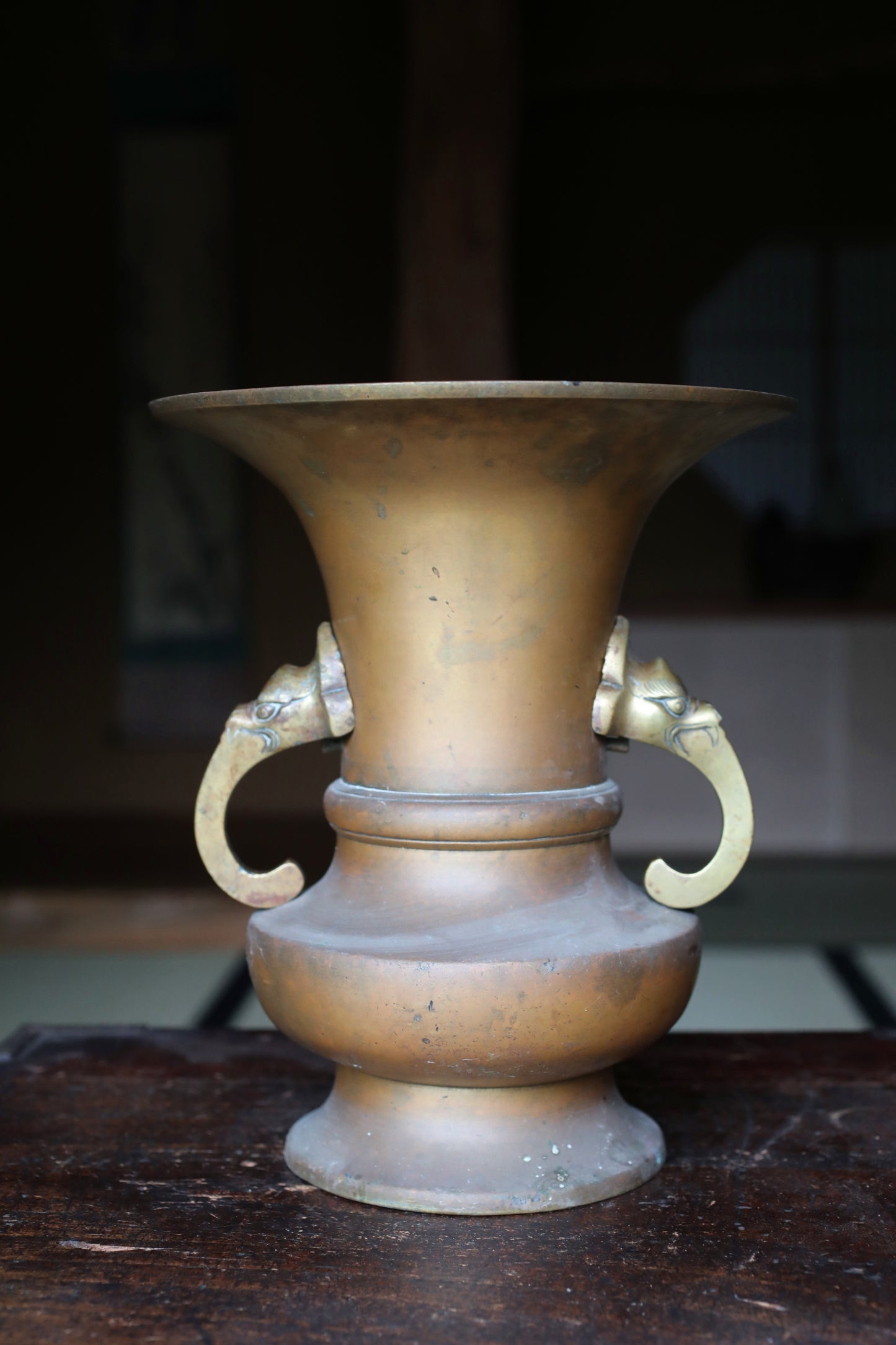 Japanese antique Large Brass vase with lions from a buddhist temple, ikebana utensil 1800s H11.5in/H29cm