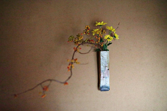 Japanese vintage pottery hanging rectangular shape flower vase "Shigaraki ware" soil color H9.4in/H24cm